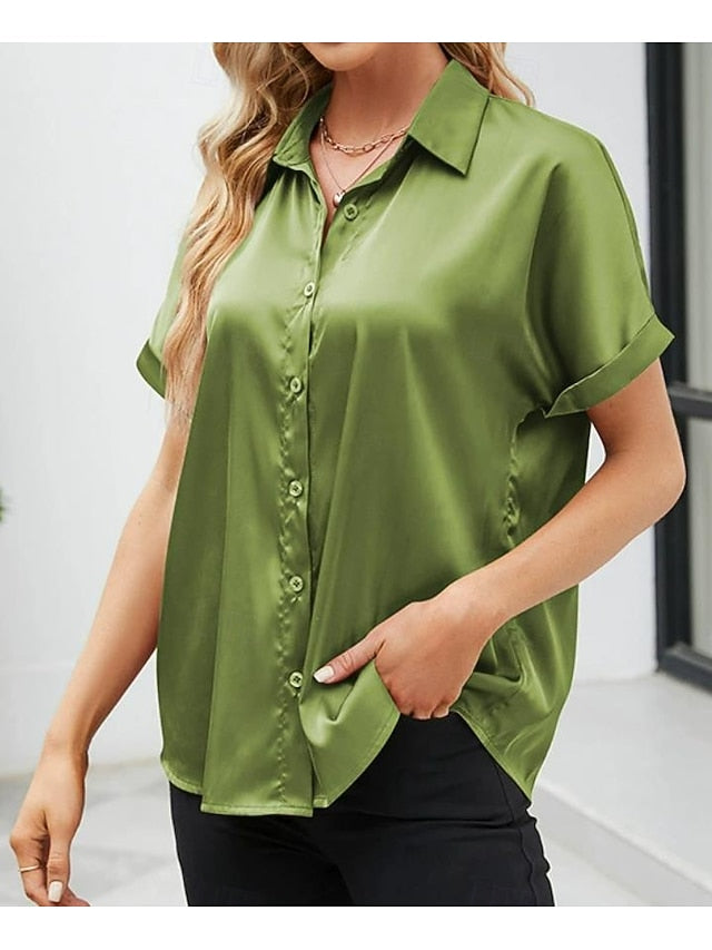 Women's Shirt Elegant Dressy Satin Top Buttons Solid Color