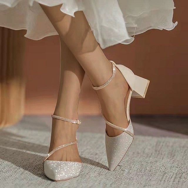 Pointed Heels Women's Glitter Toe Mesh with Ankle Block