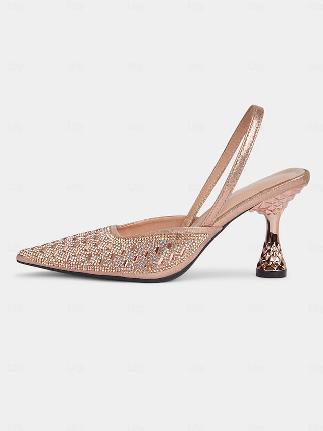 Rose with Rhinestone Gold Women's Heels Slingback Geometric