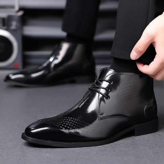 Burgundy Glossy Wingtip Faux Brogue Ankle Leather Men's