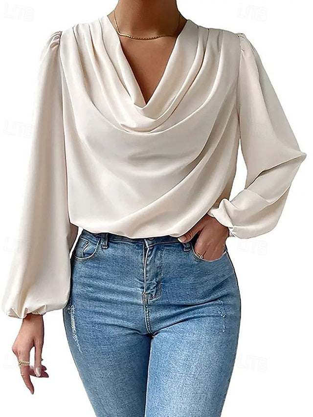 Women's Shirt Elegant Dressy Satin Top Ruched Patchwork