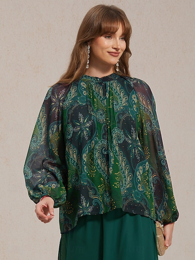 Women's Paisley Print Chiffon Peasant Top Lantern Sleeve