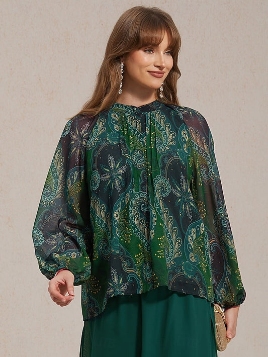 Women's Paisley Print Chiffon Peasant Top Lantern Sleeve