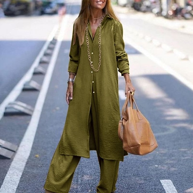 Women's Blouse Pants Sets Long Sleeve Shirt Collar Solid
