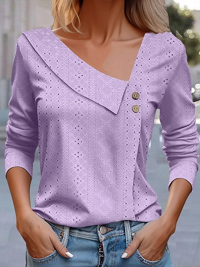 Women's Pointelle Shirt Eyelet Top Blouse Patchwork Solid