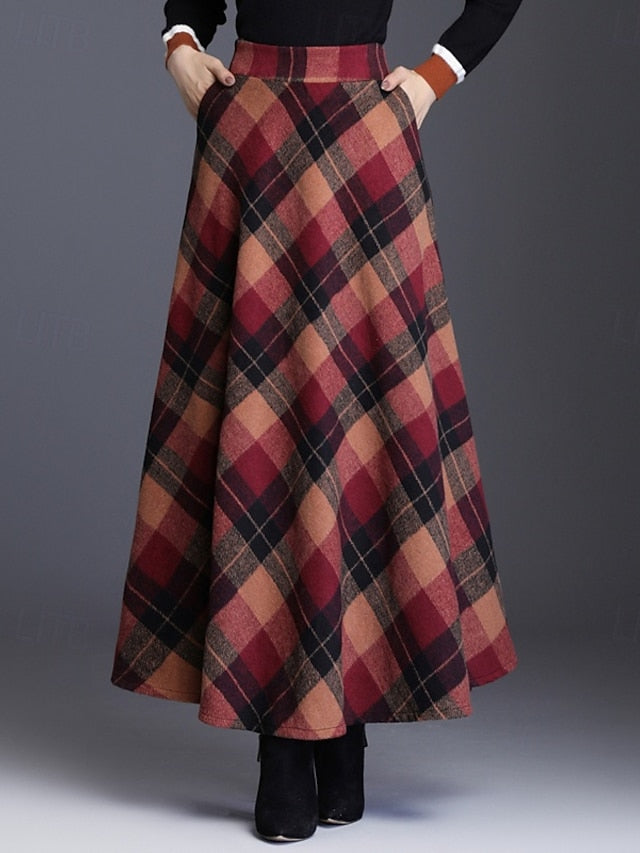 Women's Elegant Retro Vintage Maxi High Waist Skirts Plaid