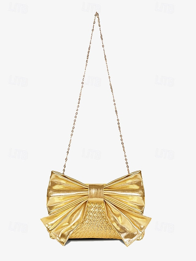 Oversized with Clutch Bow Faux Leather Gold Bag Women's