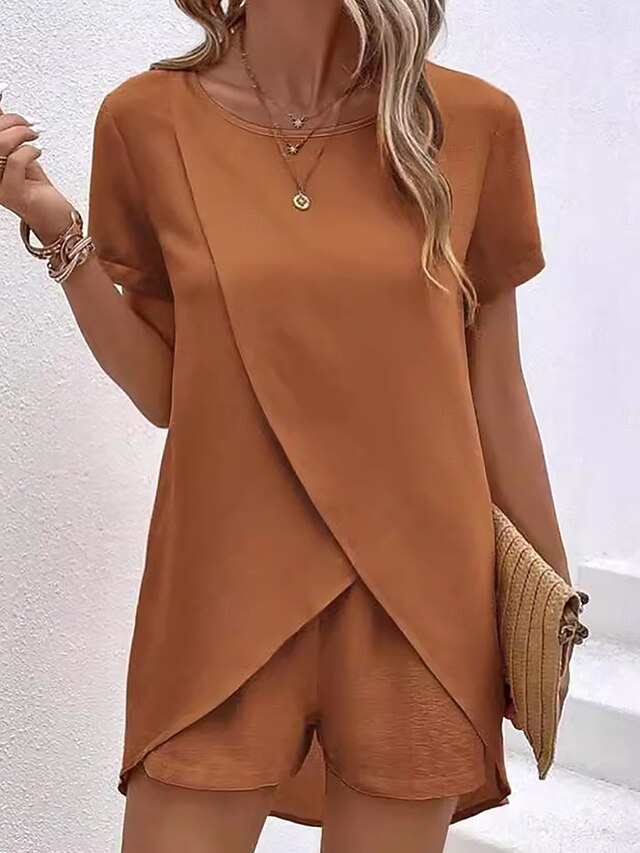 Women's Shorts Sets Short Sleeve Crew Neck Plain Ruched