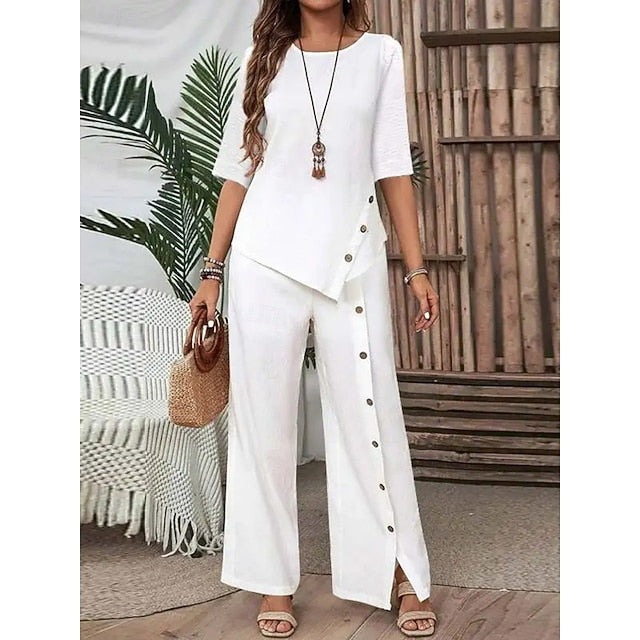 Women's Pants Sets Half Sleeve Round Neck Solid Color