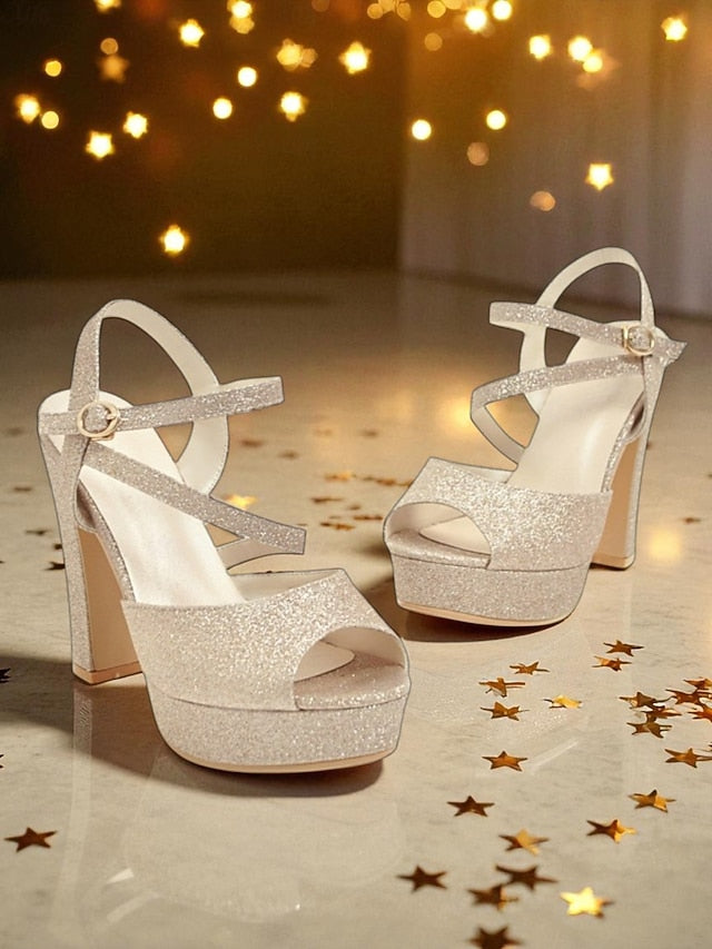 High Platform Ankle Strap Heel with Sandals Glitter Women's