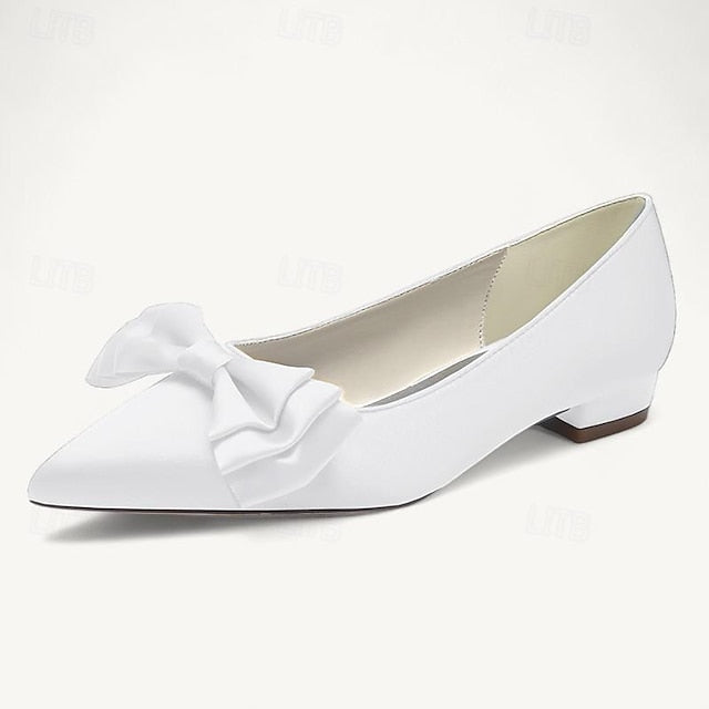 Low Party Women's Pointed Flats Heel Bowknot Shoes Wedding