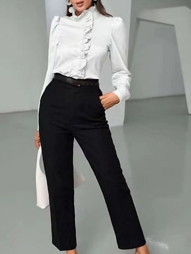 Women's Shirt Blouse Ruffle Buttons Solid Color Business