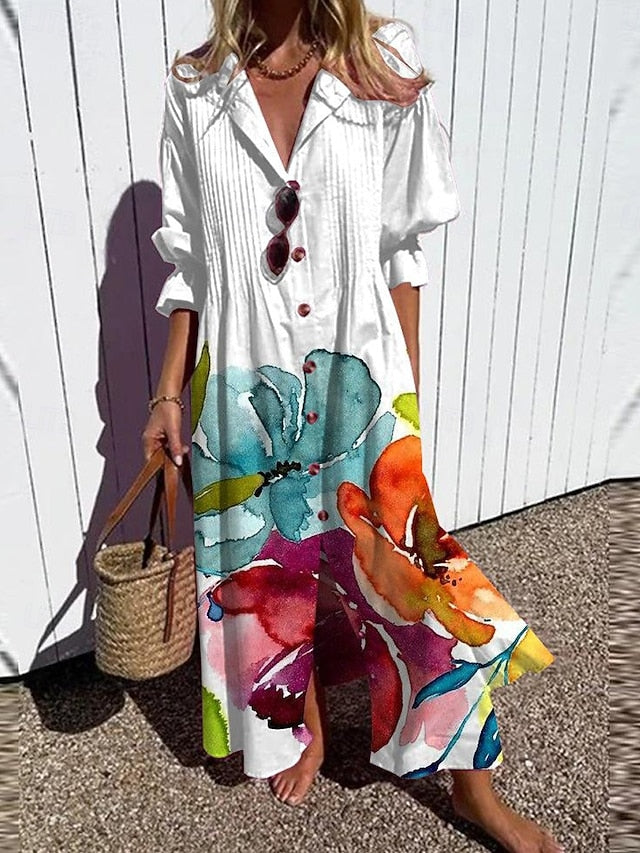Women's Floral Graphic Print V Neck Flared Sleeve Maxi