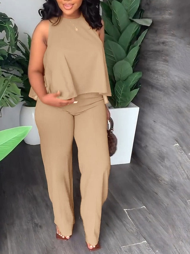 Women's Camis Pants Trousers Sleeveless Round Neck Solid