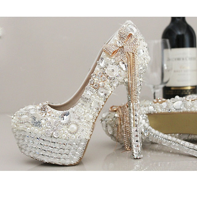 and Embellished Rhinestone Pearl White Platform Women's