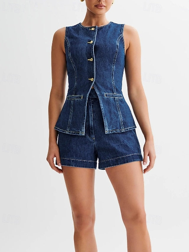 Women's Blouse Shorts Sets Sleeveless Crew Neck Solid Color