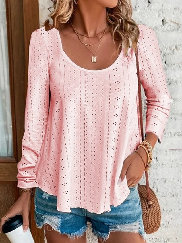 Women's Blouse Eyelet top Long Sleeve Tops Hollow Out Plain