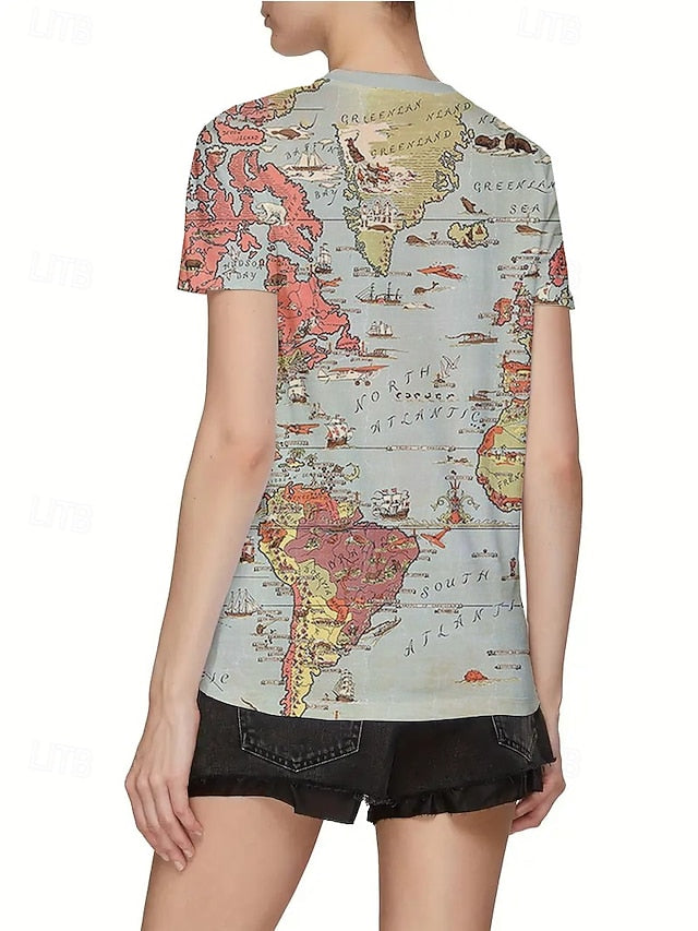 Women's T Shirt Summer Tops Print Graphic Map Classic