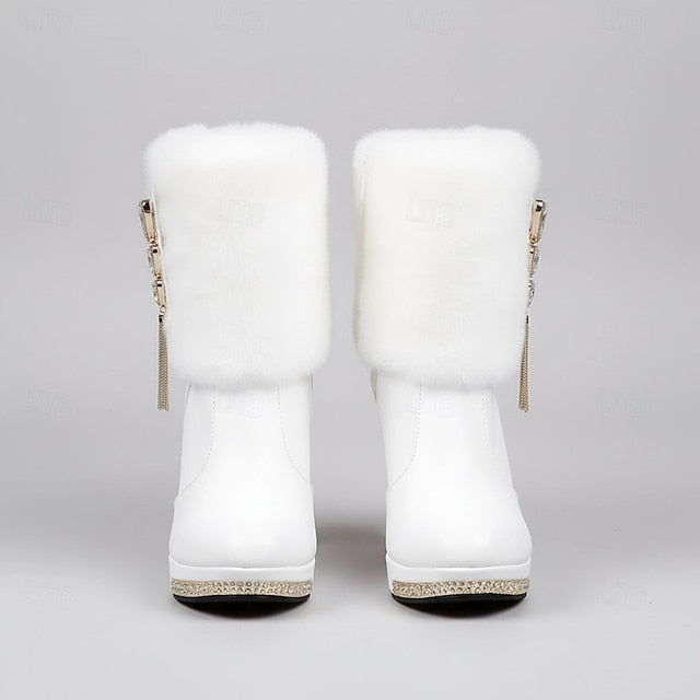 with White Heels Women's Fur Rhinestone Ankle Boots Faux -