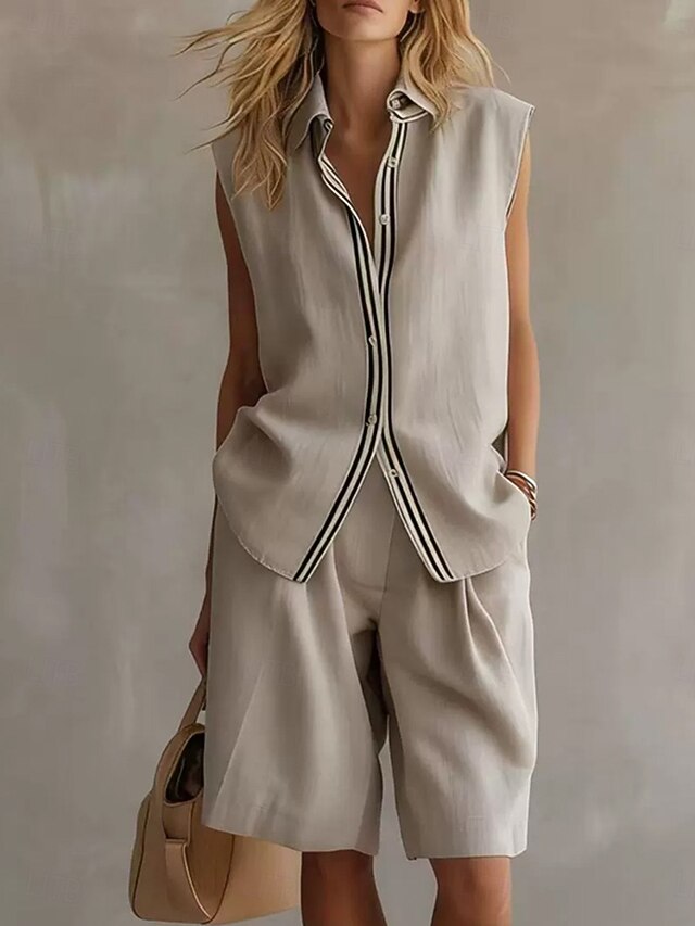 Women's Two Piece Sets Shorts Sets Sleeveless Shirt Collar