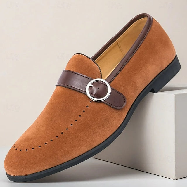 Faux Suede Slip-On with Brown Strap Buckle Loafers Men's
