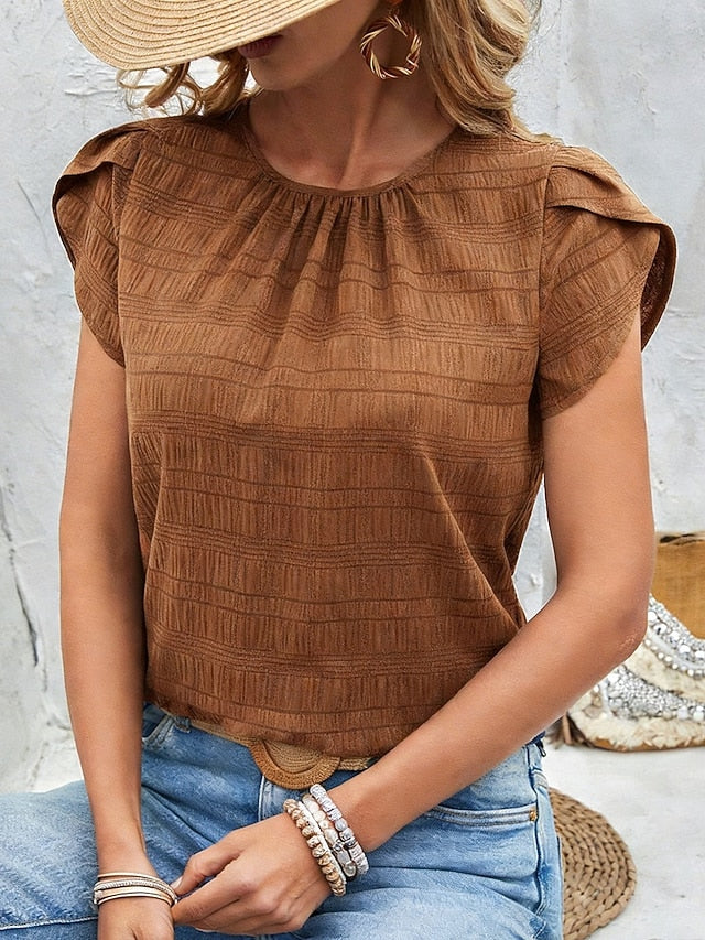 Women's Blouse Solid Color Stylish Casual Short Sleeve Crew