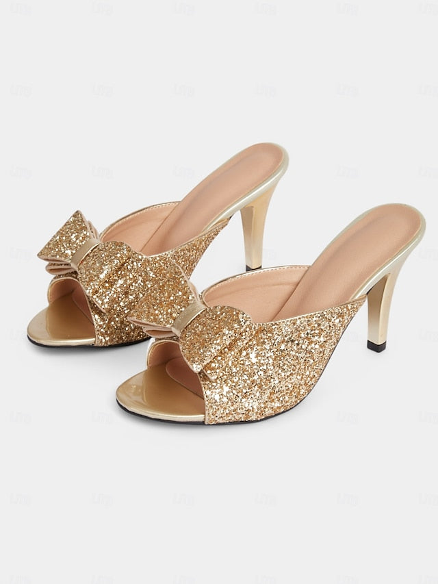 Gold Mules Bow – Women's Party Glamorous Stiletto Glitter