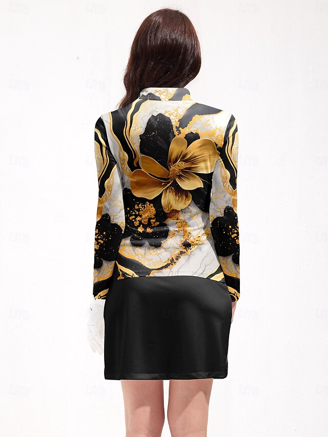 Women's Golf Polo Shirt Black Golden Long Sleeve Top Ladies