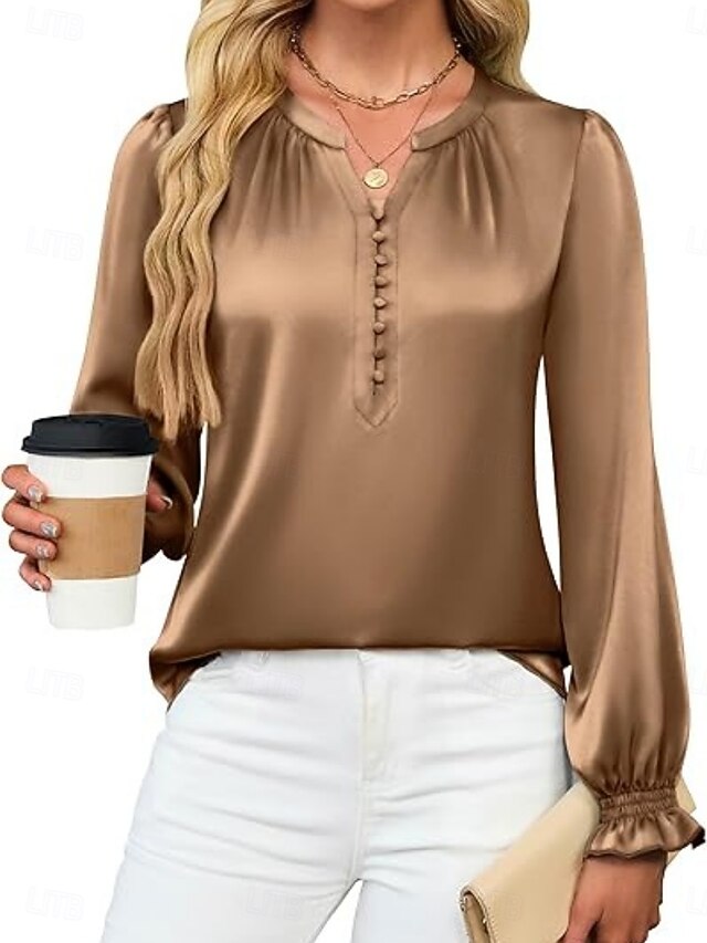 Women's Satin Shirt Dress Shirt Blouse Buttons Solid Color