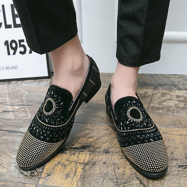Black Spiral Men's Loafers Studded - Velvet Shoes Prom with