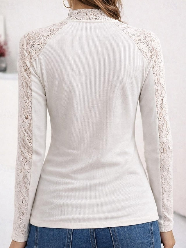 Women's Ribbed Knit Tops Lace Splicing Top Raglan T Shirt
