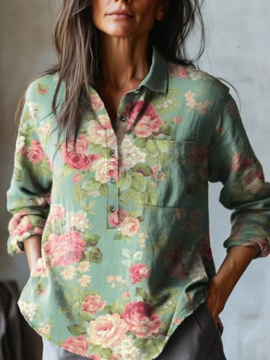 Women's Shirt Pocket Buttons Print Floral Stylish Casual