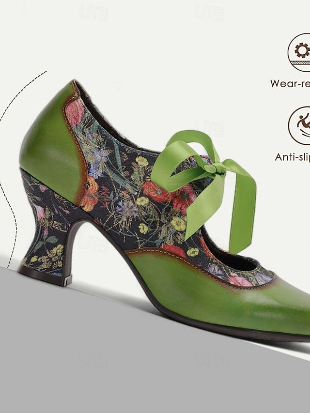Mary Floral Heels Green Women's with Jane Leather Print