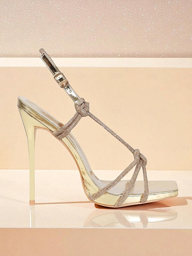 Square Stiletto Strappy Women's Rhinestone Heels with Toe