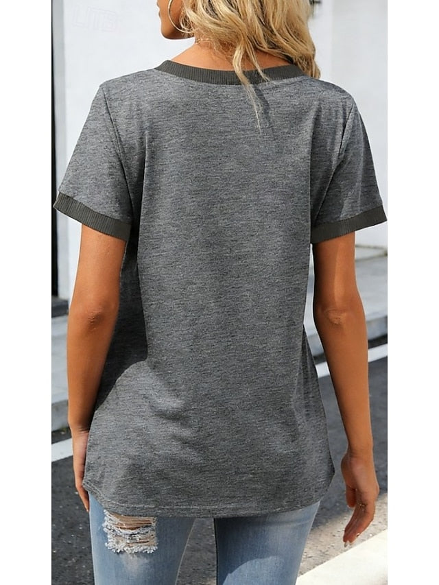 Women's T Shirt Patchwork Pocket Color Block Solid Color