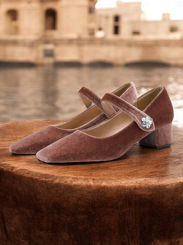 Jane Block Velvet Mary Green Square Women's - Toe Pumps