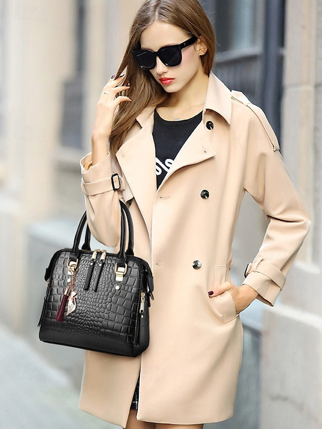 Women's Faux Leather Crocodile Pattern Handbag with Tassel