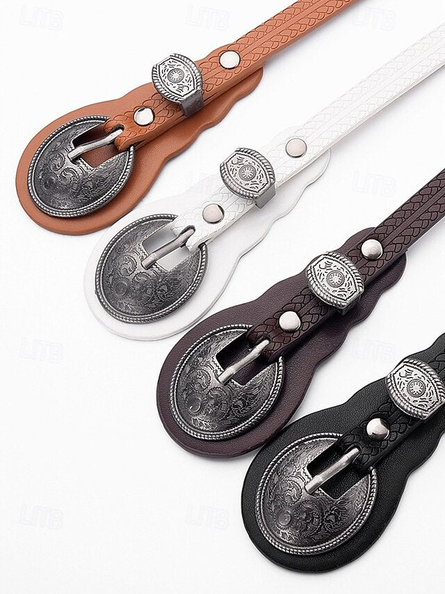 Leather Women's Faux Western with Carved Belt Vintage Waist