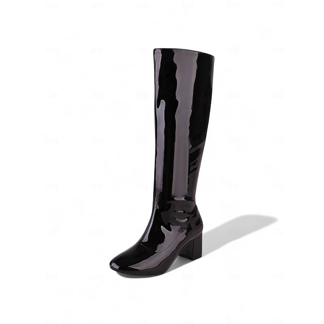 Patent Knee Boots Women's with High Heel Red Leather Block