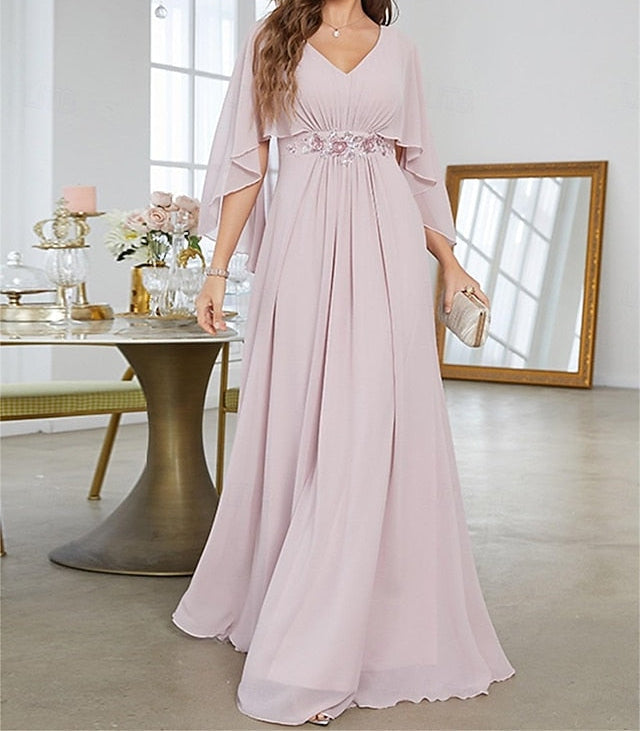 Floor Dress of the V Party Mother Bride Elegant Neck