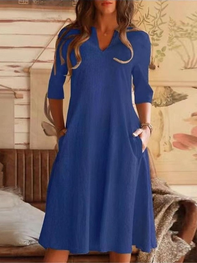 Women's Blue Black Gray Summer Spring Midi Dress Cotton