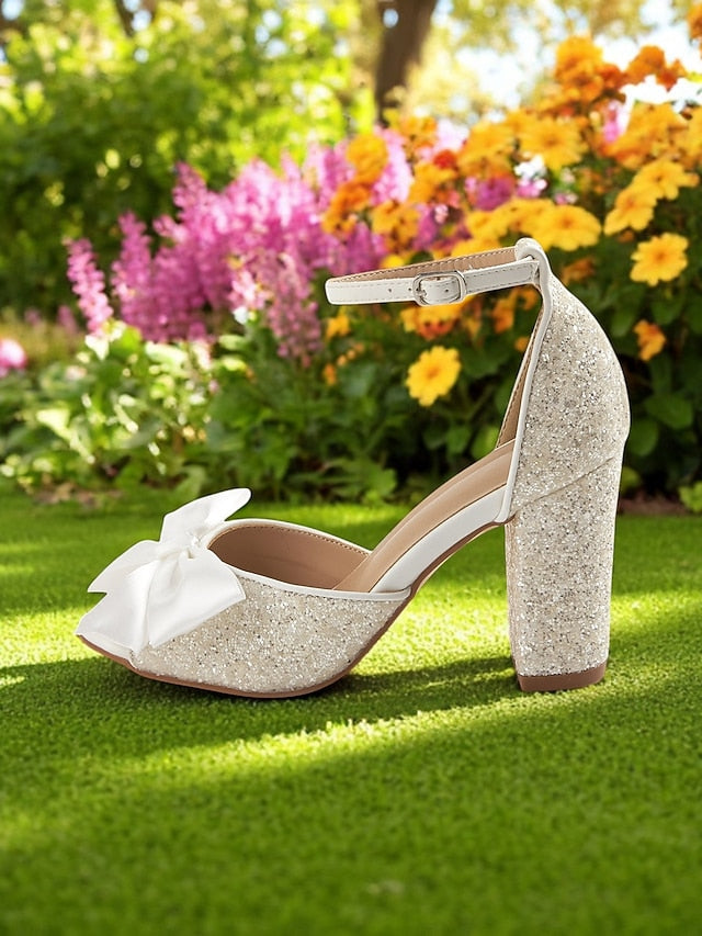 Sandals Heel Women's Glitter Ankle with Wedding Block White