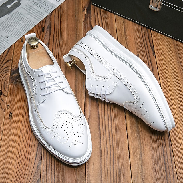 White Lace-Up Leather Derby Stylish Men's Brogue Shoes -