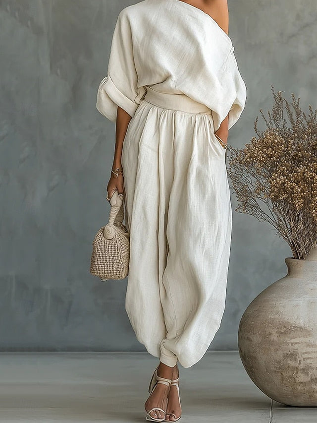 Women's Cotton Linen Sets Pants Sets Bolero Top Long Sleeve