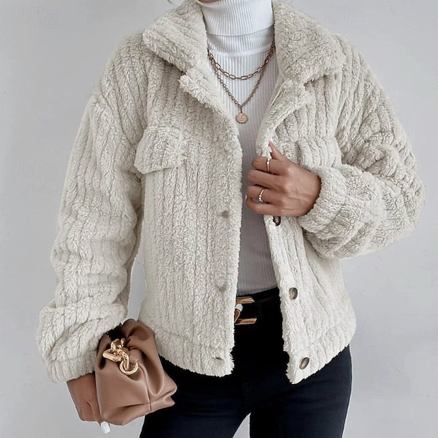 Plain Buttons Women's Warm Teddy Comfortable Coat Casual