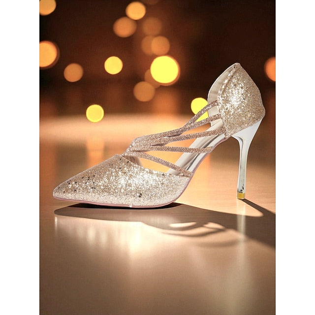 Pointed High Toe Gold Women's Glitter Heels Strappy -