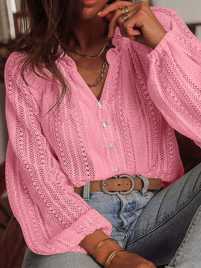 Women's Shirt Dressy Tops Hollow Out Buttons Plain Elegant