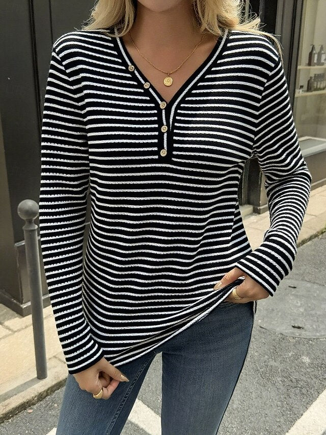 Women's Striped Knit Tops Tee Buttons Stylish Classic