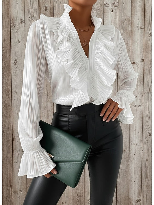 Women's Shirt Blouse Ruffle Solid Color Stylish Basic Long