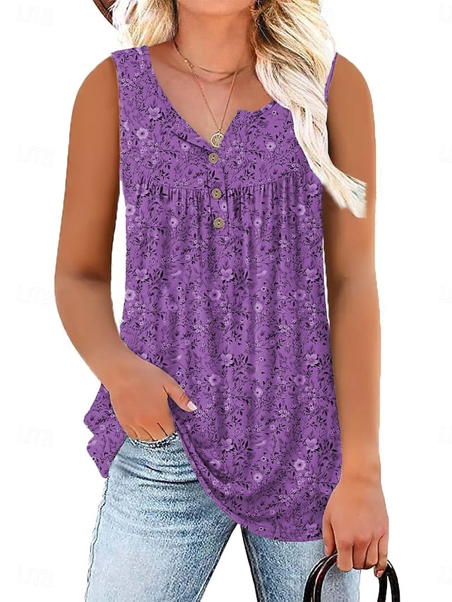 Women's Blouse Buttons Print Floral Casual Sleeveless V